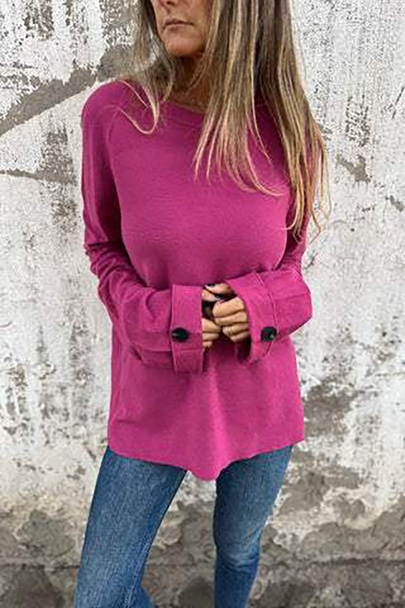 Loose solid color long-sleeved button cuffs top