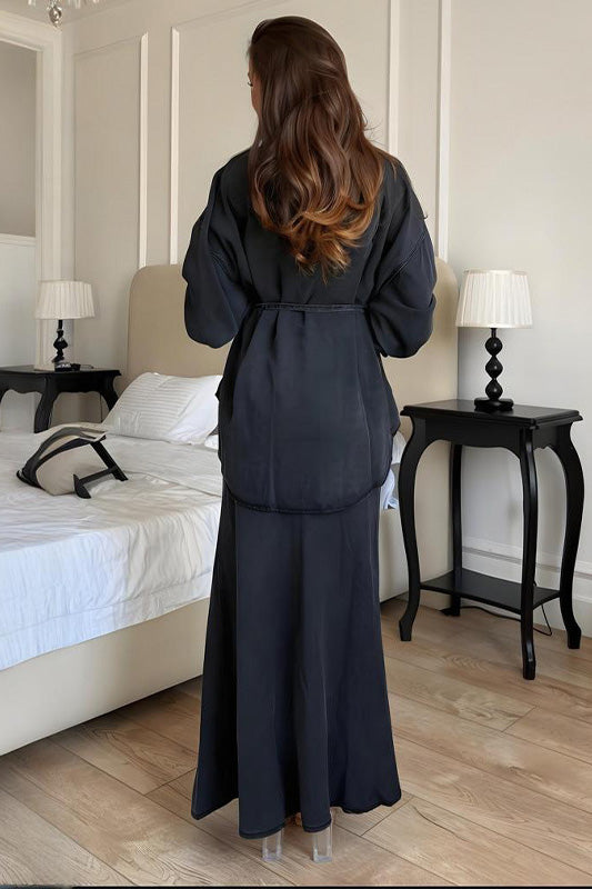 Long-sleeved tie-strap curved-hem shirt top and hip-wrapped maxi skirt two-piece set