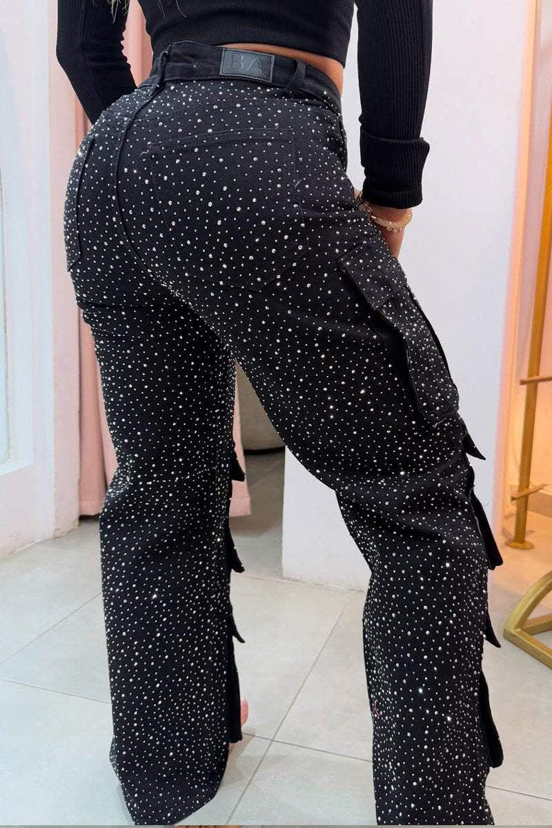 Rhinestone Multi-Pocket Cargo Jeans