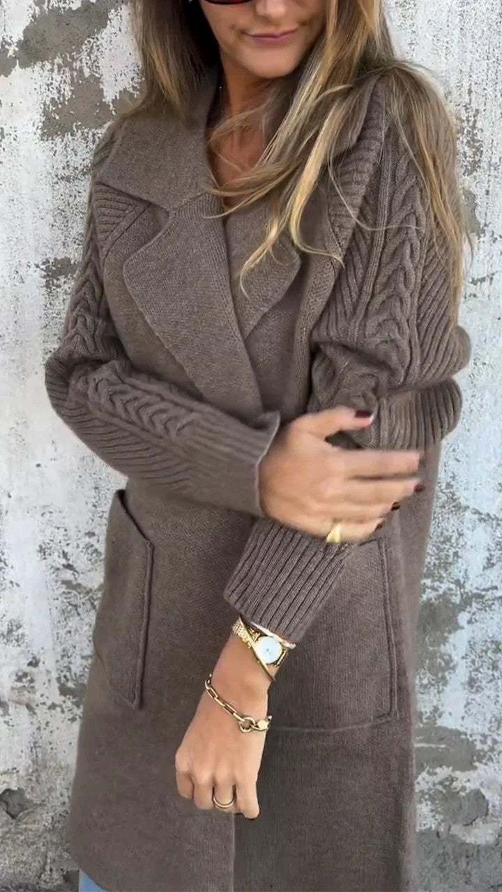 Cable-knit sleeves lapel long knitted coat