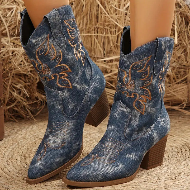 Western cowboy pointed toe slip-on chunky heel ankle boots