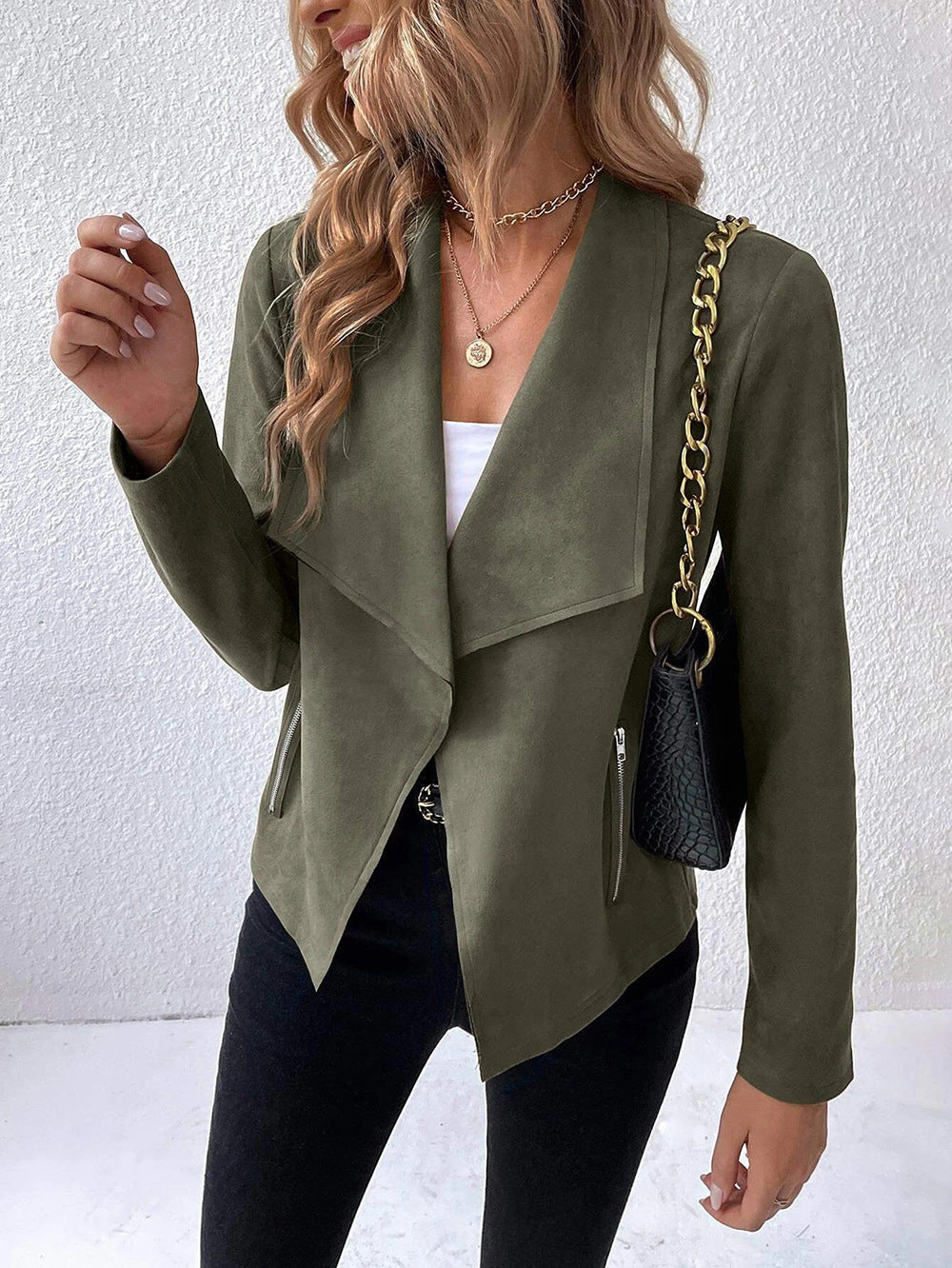 Suede Collar Solid Long Sleeve Cropped Jacket