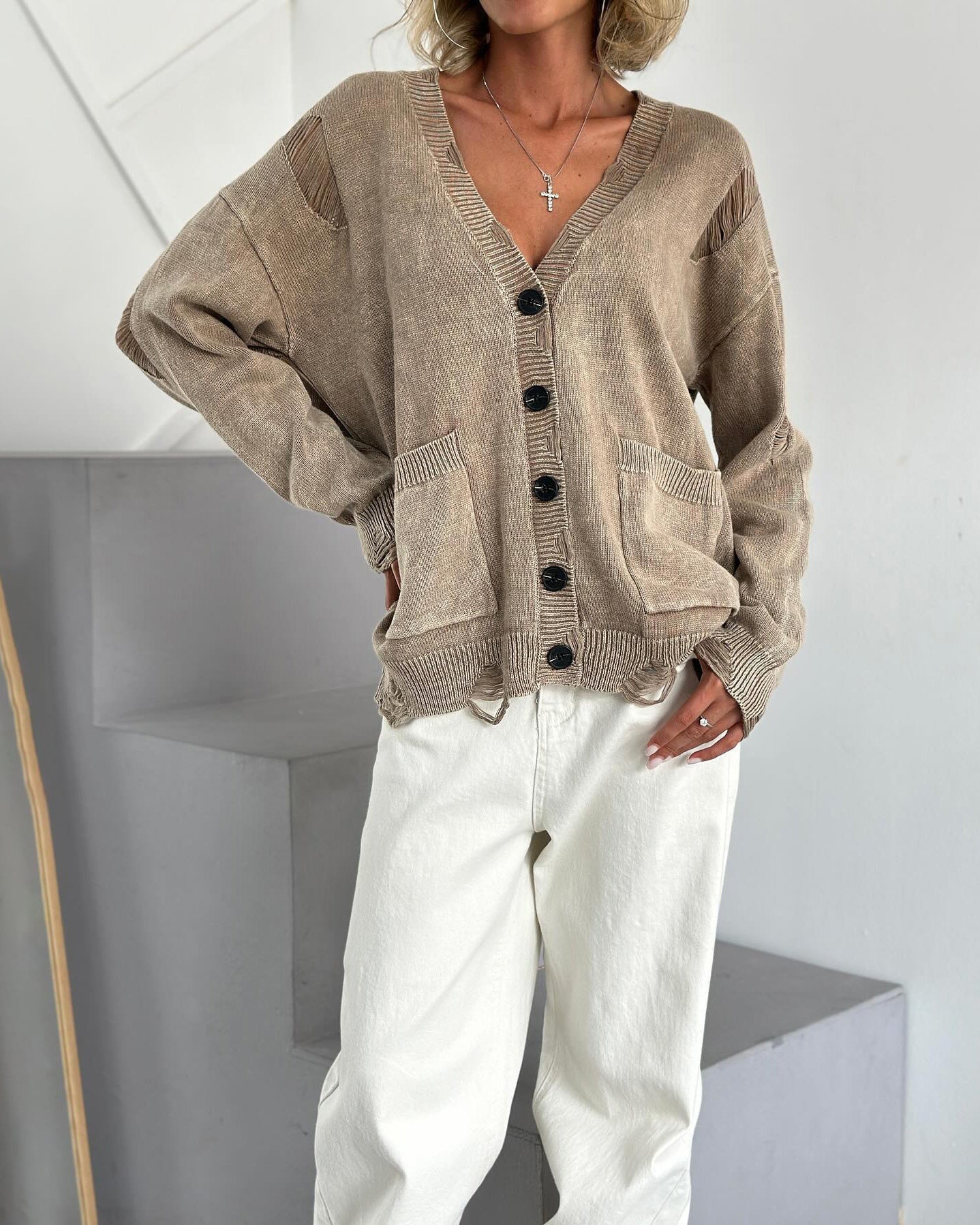 Cozy distressed deep V-neck single-breasted loose wool cardigan
