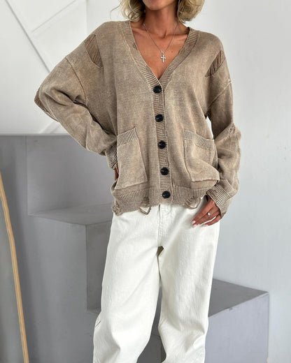 Cozy distressed deep V-neck single-breasted loose wool cardigan