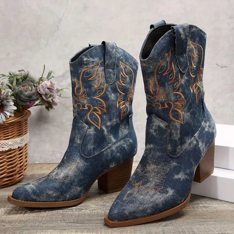 Western cowboy pointed toe slip-on chunky heel ankle boots