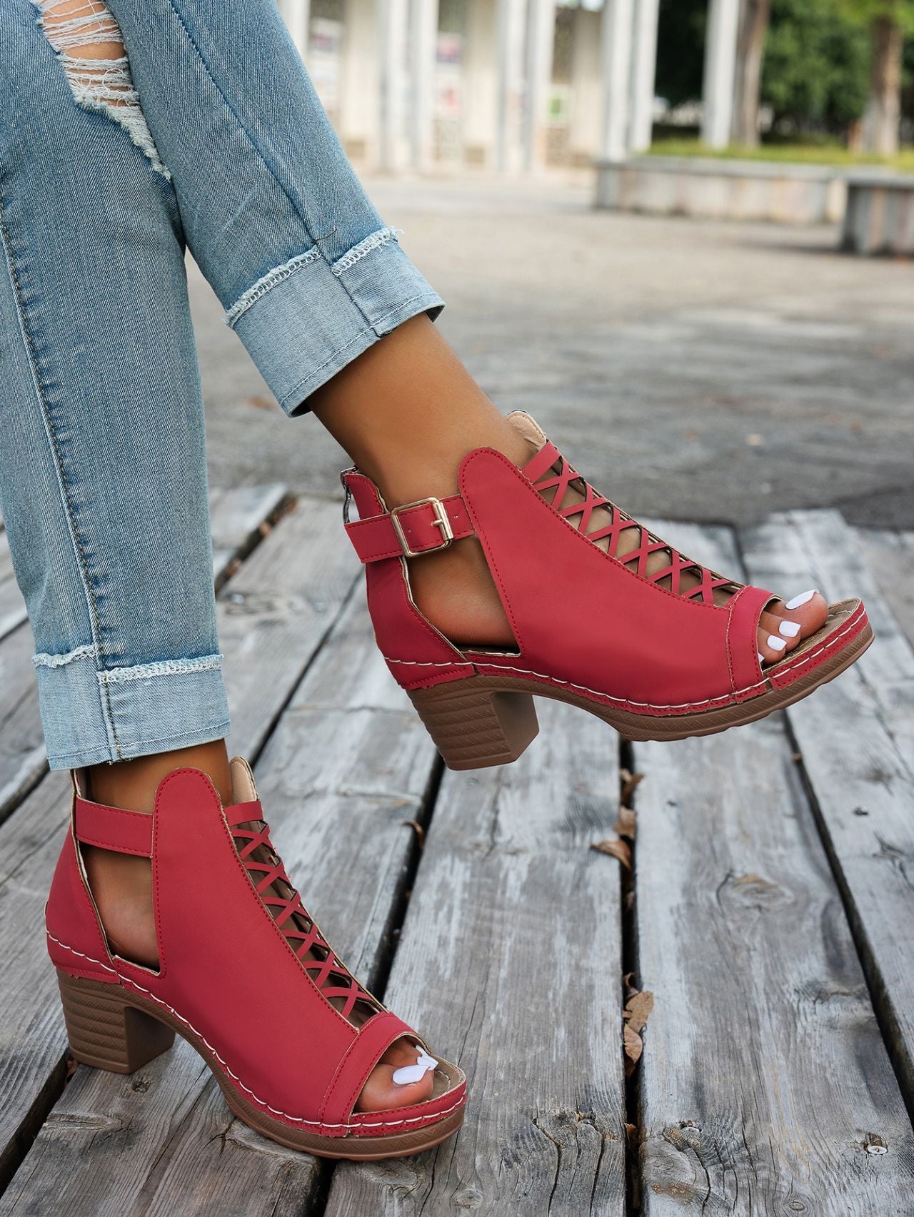 Chunky high heel open toe hollow buckle Roman sandals