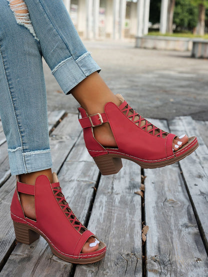 Chunky high heel open toe hollow buckle Roman sandals