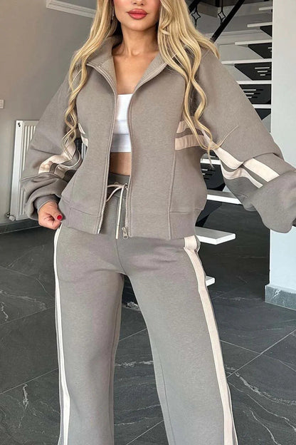 Y2K striped zip-up cropped sweatshirt jacket and sports pants two-piece set