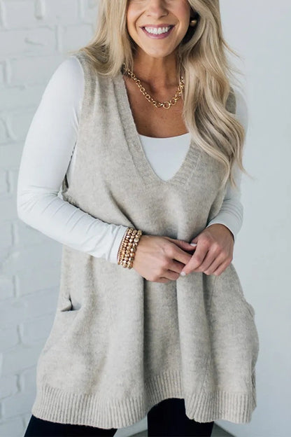 V-neck pocket knitted vest sleeveless sweater