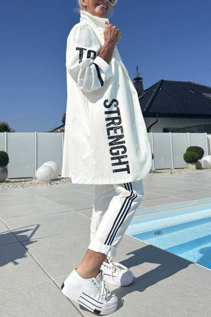 Mid-length letter-printed trench coat and trousers two-piece set