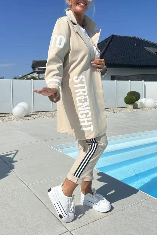 Mid-length letter-printed trench coat and trousers two-piece set