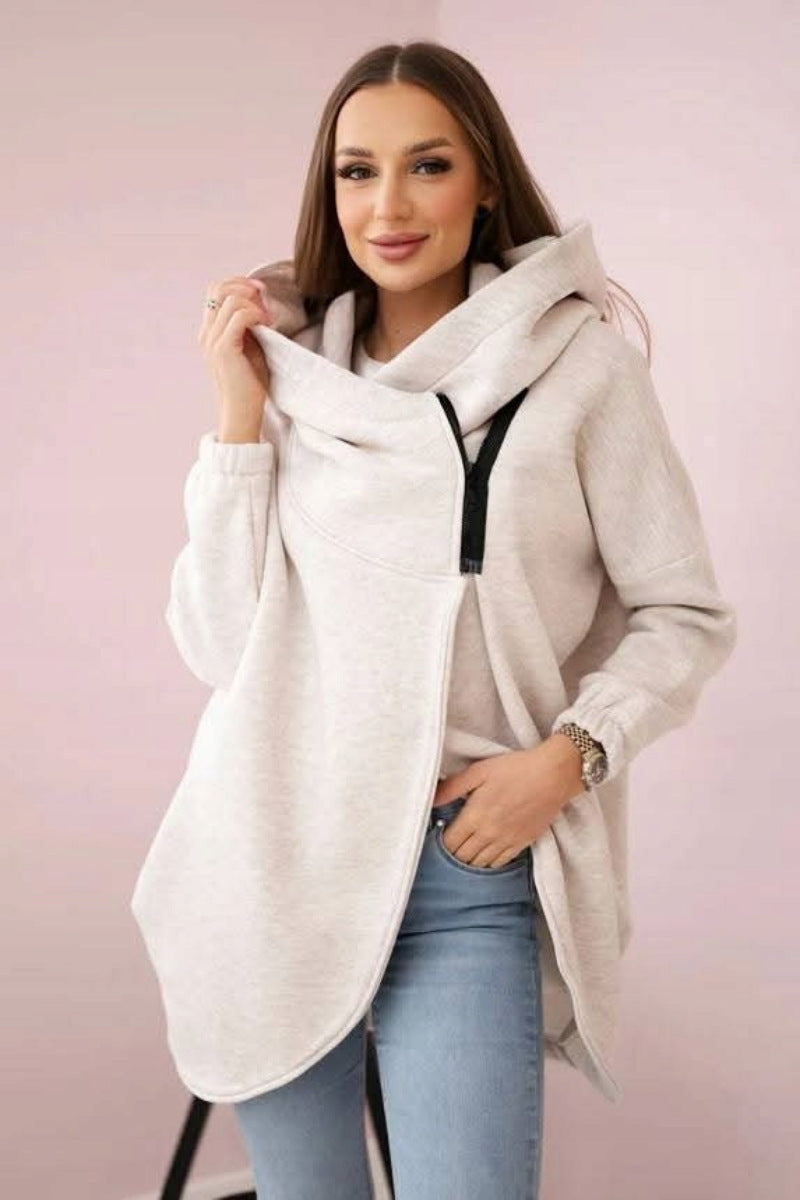 Chic Asymmetric zip-up hooded fleece sweatshirt jacket
