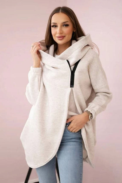 Chic Asymmetric zip-up hooded fleece sweatshirt jacket