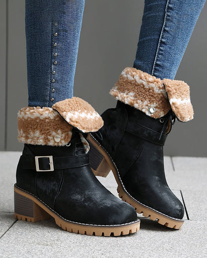Two-way lace-up thick-heeled warm furry low boots