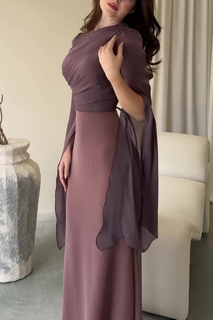 Mesh flared sleeves satin long slim dress