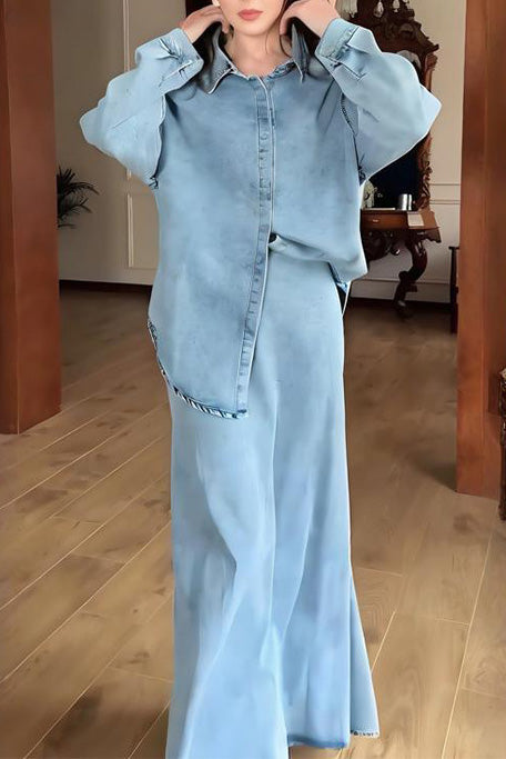 Long-sleeved tie-strap curved-hem shirt top and hip-wrapped maxi skirt two-piece set