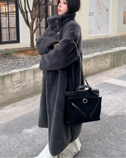 High stand-up collar double-breasted Faux Mink Fur Long Coat