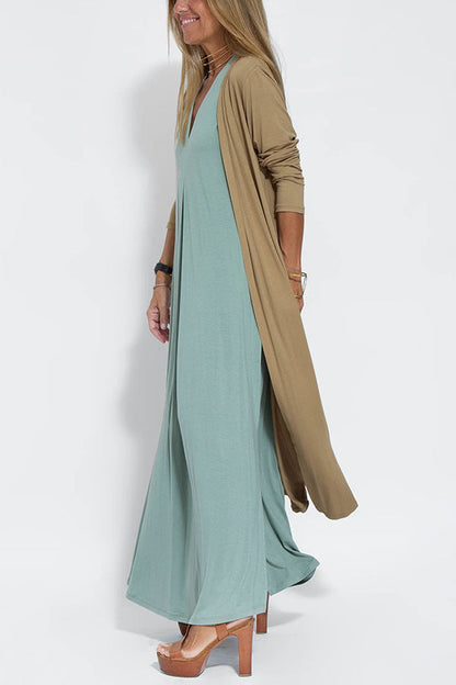 Elegant V-neck Sleeveless Long Dress Matching Vest Cardigan
