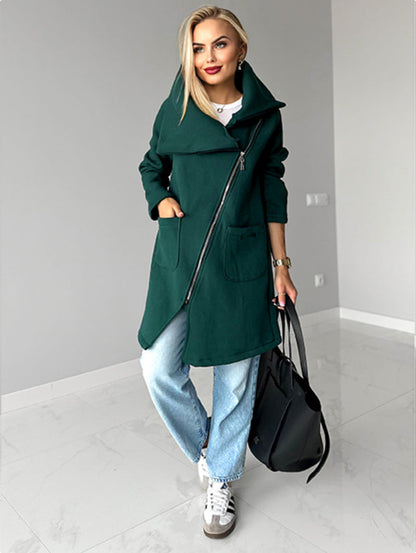 Oblique zipper Lapel Mid-length fleece sweatshirt jacket