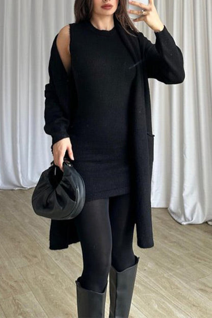 Solid color sleeveless round neck dress knitted cardigan two-piece set