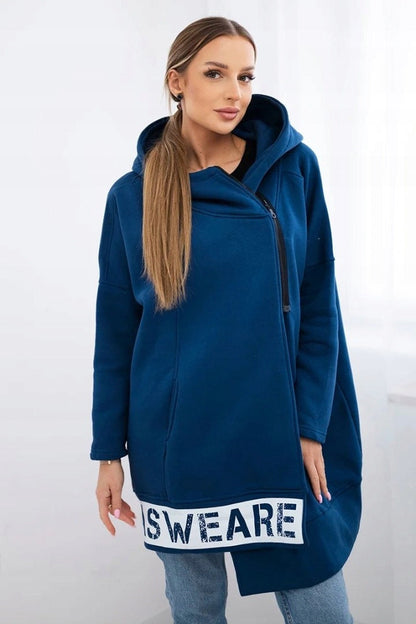 Diagonal zipper Printed logo Loose mid-length hooded fleece jacket