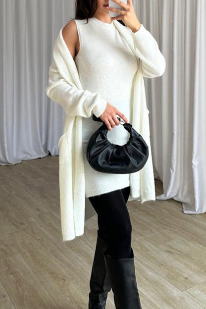 Solid color sleeveless round neck dress knitted cardigan two-piece set