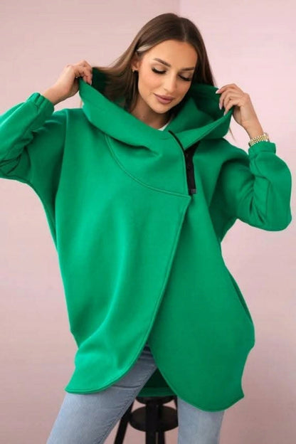 Chic Asymmetric zip-up hooded fleece sweatshirt jacket