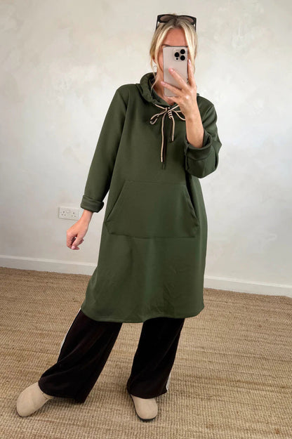 Kangaroo Pocket Loose Hooded Sweatshirt Midi Dress