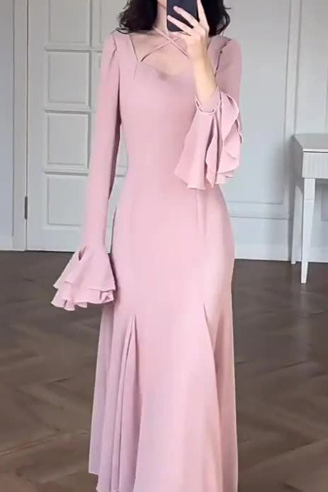 Pink square neckline stacked sleeves slim maxi dress
