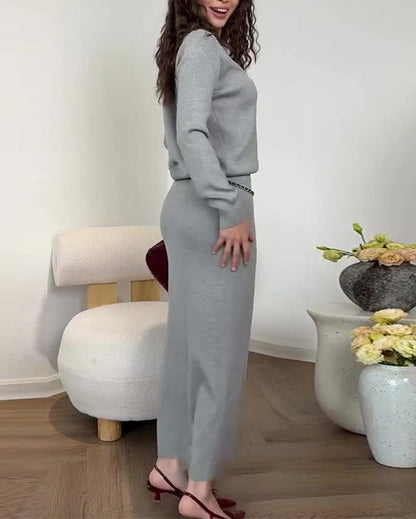 Solid color long-sleeved polo shirt straight skirt two-piece suit