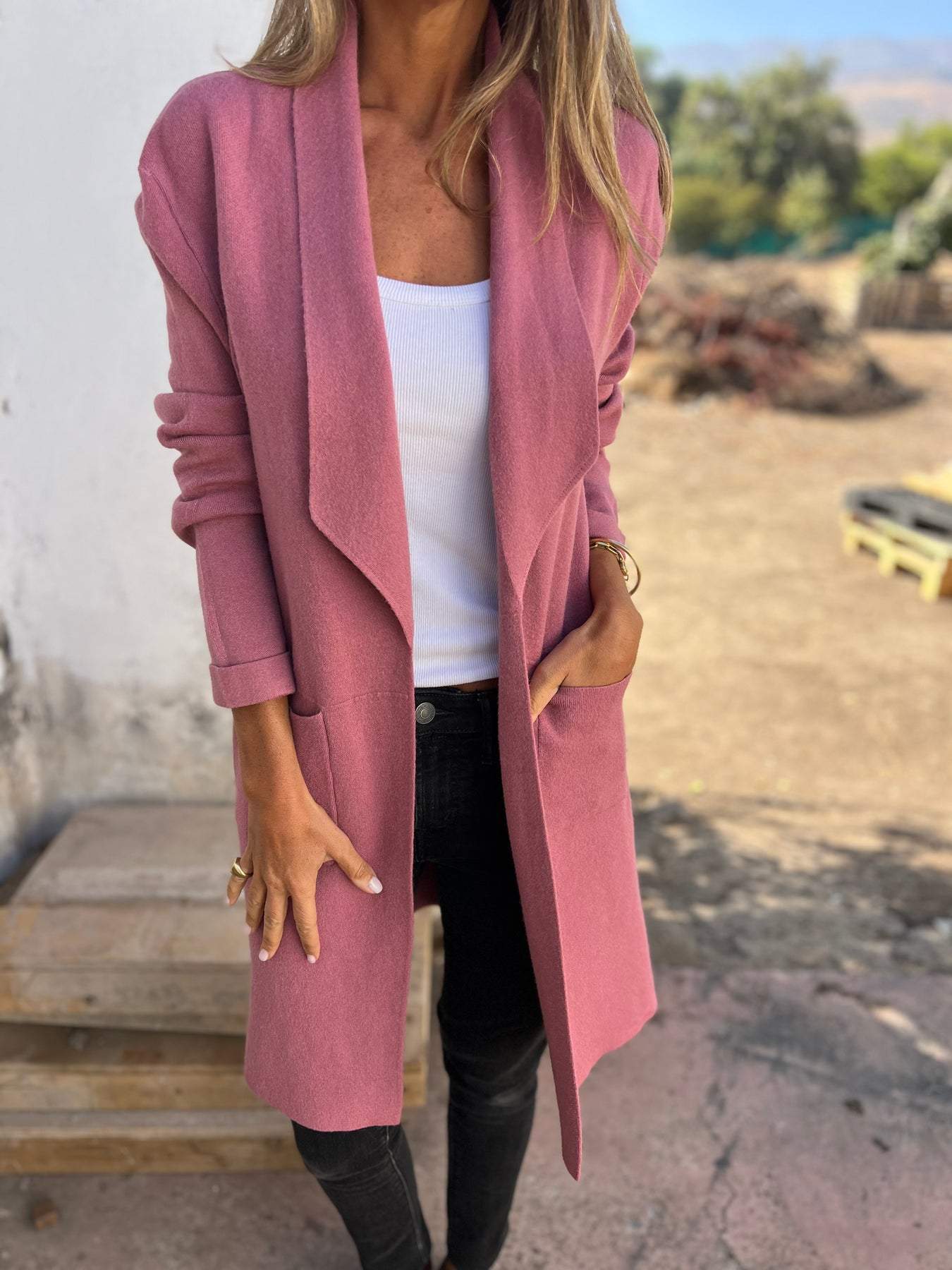 Lapel Solid Color Long Pocket Wool Cardigan