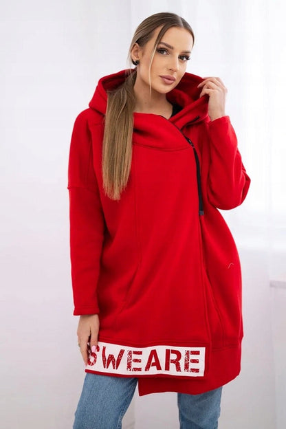 Diagonal zipper Printed logo Loose mid-length hooded fleece jacket