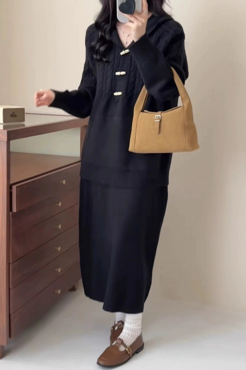 Slouchy loose cable knit hooded top and skirt two-piece set