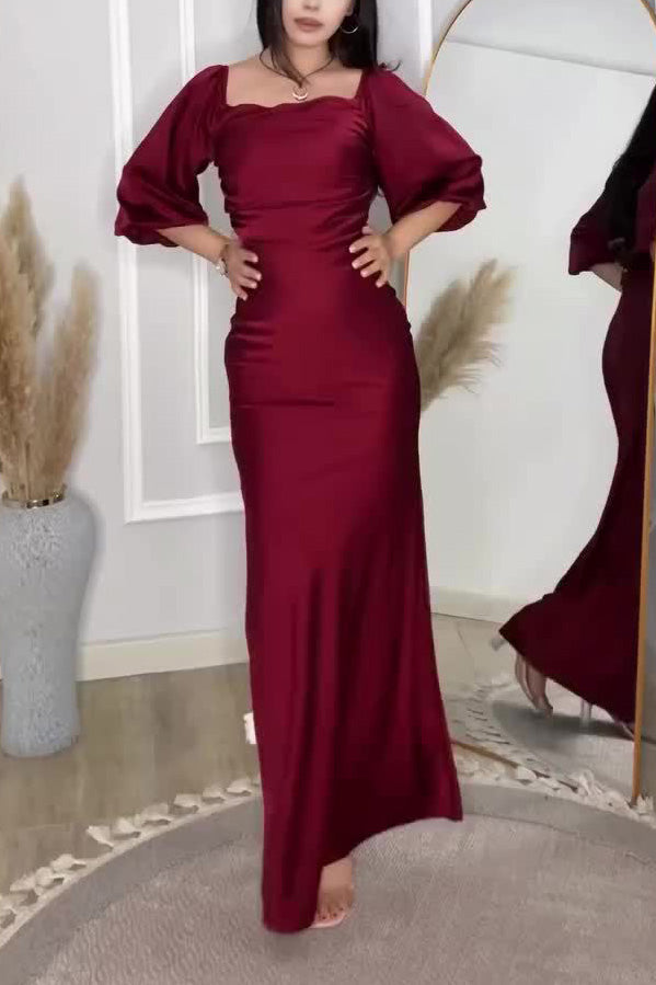 Chic Satin mid-length puff sleeve maxi dress