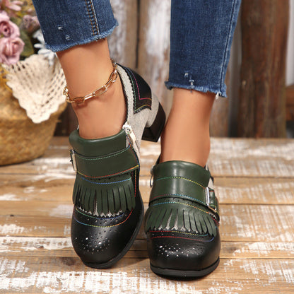Retro contrast tassel side zipper brogues shoes