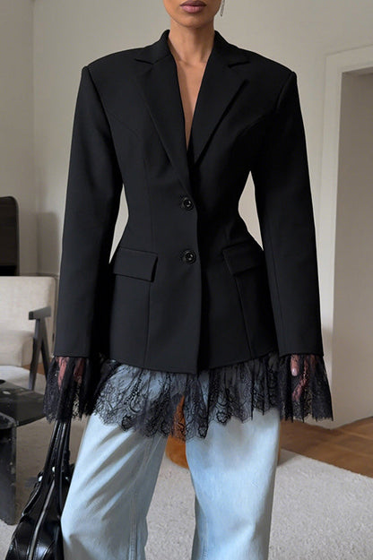 Black long-sleeved lace patchwork waist suit