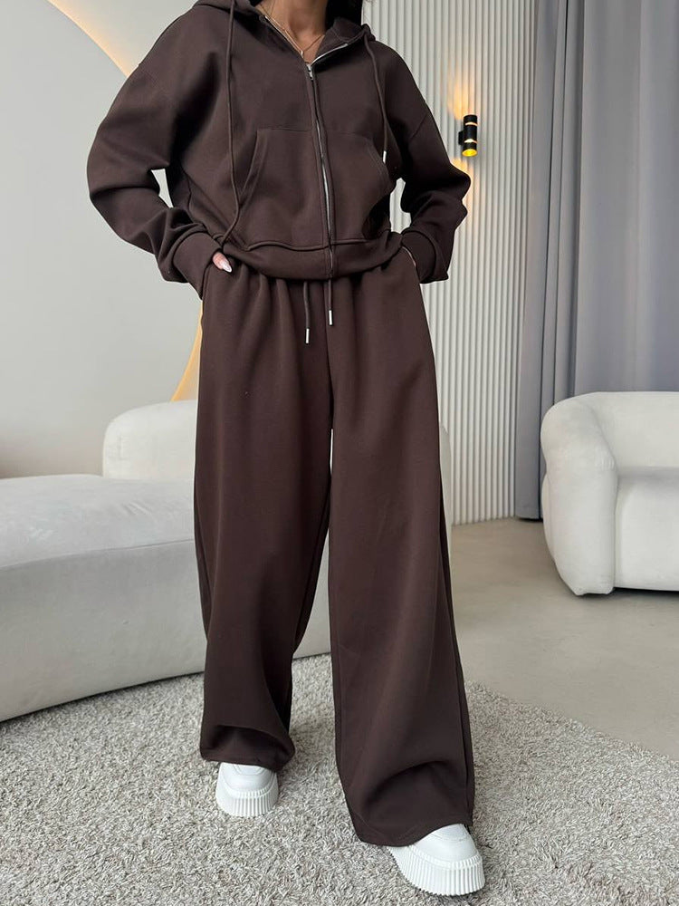 Zippered hooded sweatshirt and lace-up trousers two-piece set