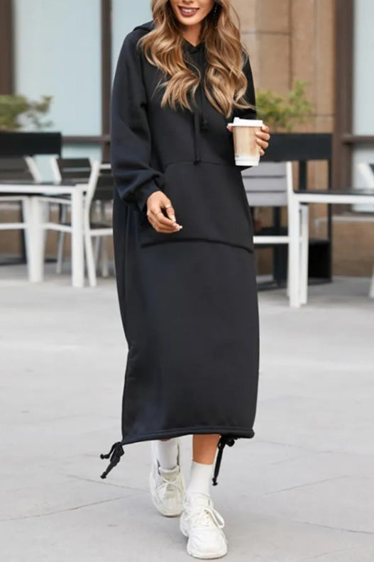 Large pockets tie-down hem hooded long sweatshirt dress