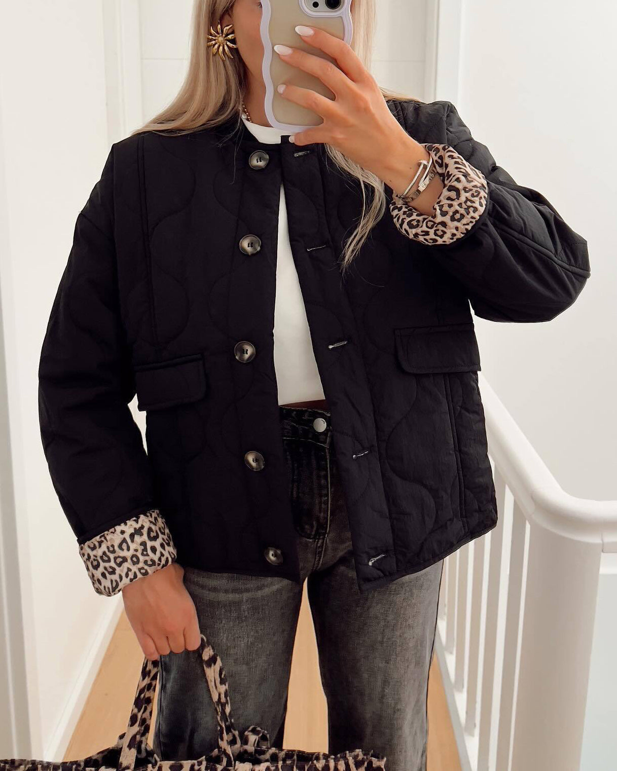 Leopard lining quilted buttons padded jacket