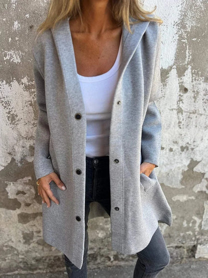 Hooded solid color mid-length knitted jacket