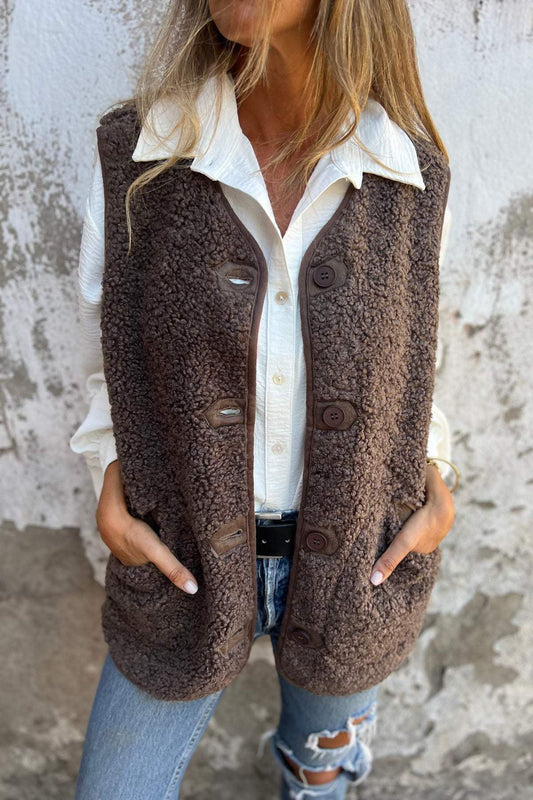 Brown Sherpa Button Vest Jacket