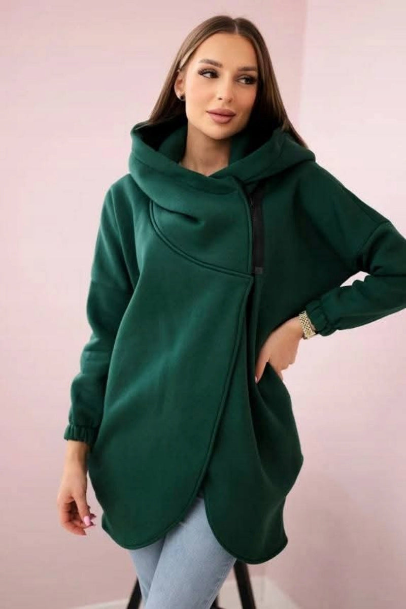 Chic Asymmetric zip-up hooded fleece sweatshirt jacket