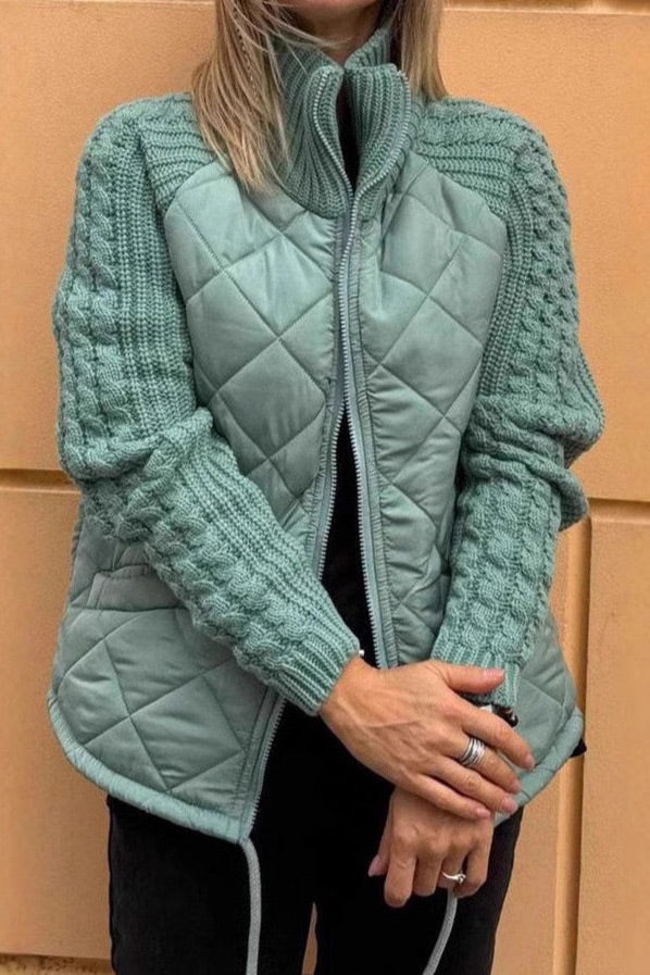 Knitted turtleneck and sleeve paneled padded jacket