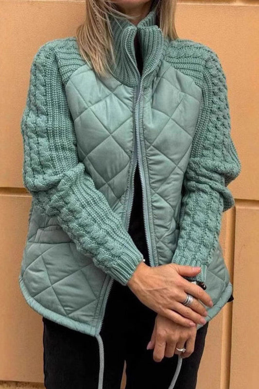 Knitted turtleneck and sleeve paneled padded jacket