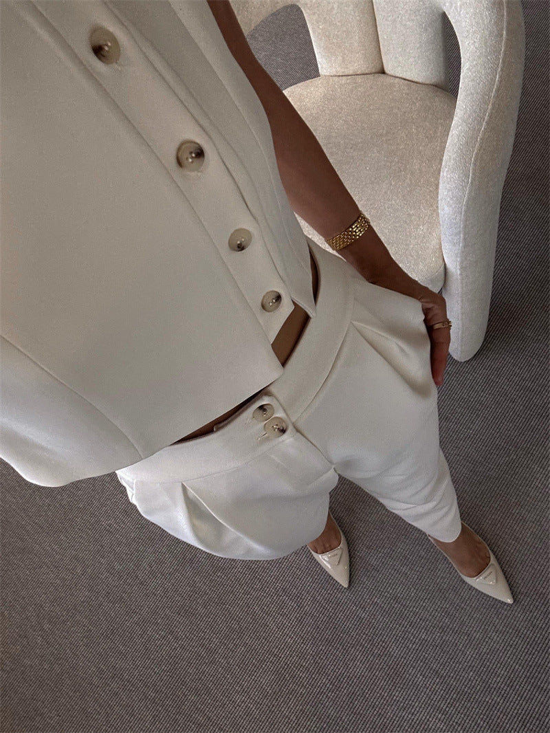 Sleeveless Button-Down Vest Top High-Waisted Cropped Pants Two-Piece Set