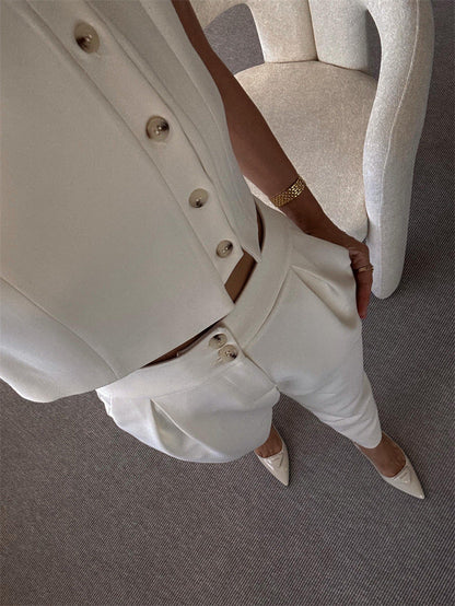 Sleeveless Button-Down Vest Top High-Waisted Cropped Pants Two-Piece Set