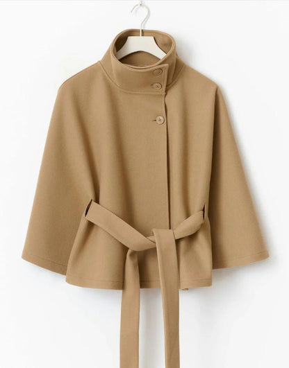Solid color stand collar button belt cape trench coat