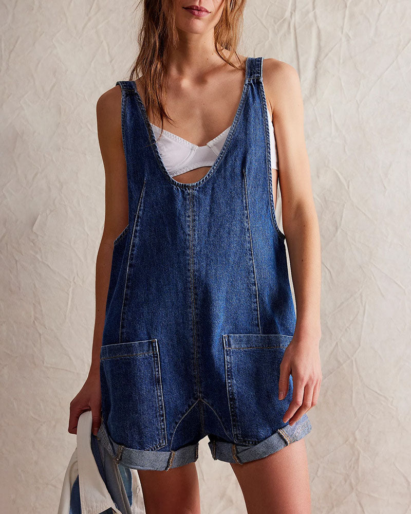 Washed distressed vest denim rompers