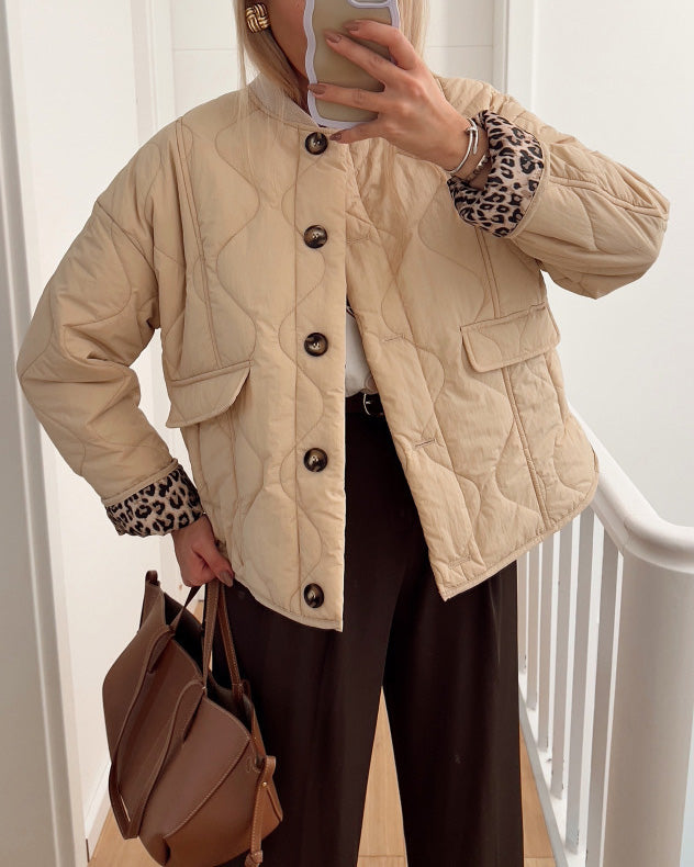 Leopard lining quilted buttons padded jacket