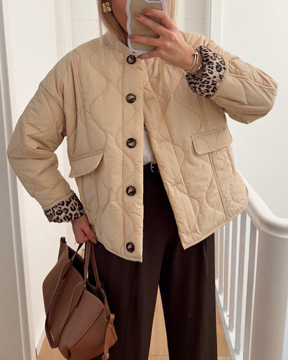 Leopard lining quilted buttons padded jacket